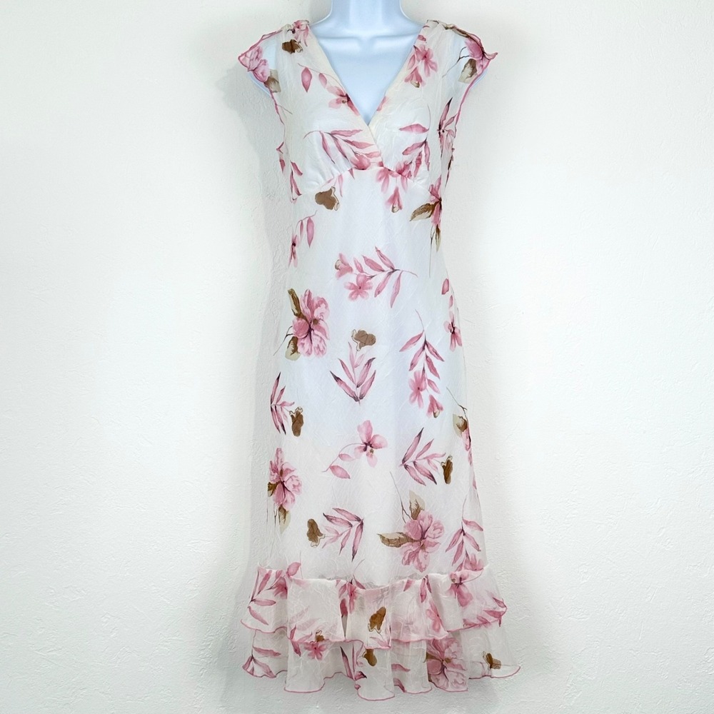 Y2K Fairy Babydoll 90s Midi Dress Small Floral Crinkle Chiffon Ruffle Romantic